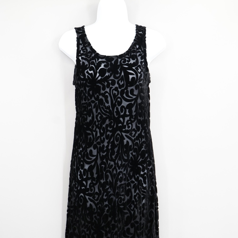 Sarah Campbell Black Burnout Velvet Damask Maxi Dress Womens L Gown Formal Boho - Picture 4 of 16